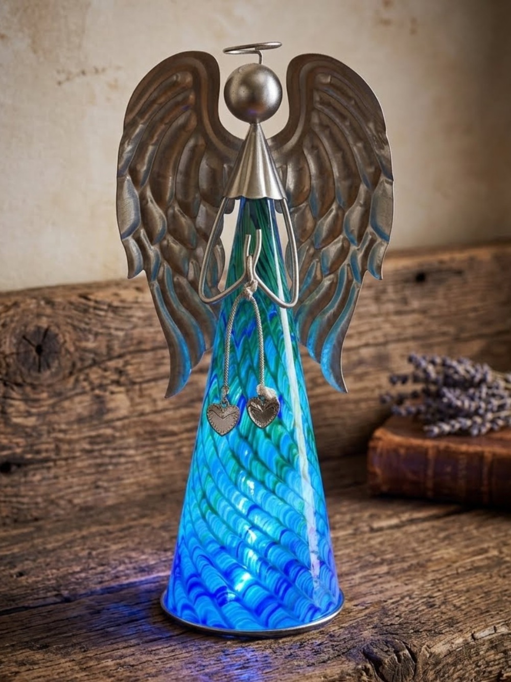 Murano-Style Blue Swirl Glass Angel with Metal Wings and LED Lights